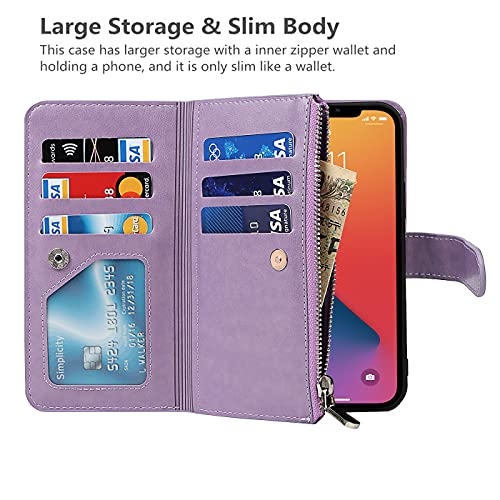 iCoverCase Compatible with iPhone 13 Wallet Phone Case with Card Holder, PU Leather Zipper Pocket Magnetic Detachable Flip Case with Wrist Strap (Purple) - color: Detachable--Purple