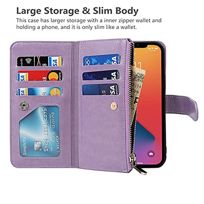 iCoverCase Compatible with iPhone 13 Wallet Phone Case with Card Holder, PU Leather Zipper Pocket Magnetic Detachable Flip Case with Wrist Strap (Purple) - color: Detachable--Purple