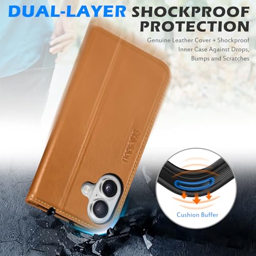 SHIELDON Genuine Leather Wallet Case for iPhone 17 6.3", Retro Light Brown | Magnetic Closure, RFID Blocking, Credit Card Slot, Kickstand, Flip Book Design, Shockproof Phone Cover - color: Retro Light Brown