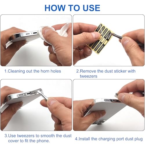12 Pcs Cellphone Anti Dust Kit, 5 Phone Metal Speaker Dustproof Mesh Compatible for iPhone 16 15 14 Pro/Pro Max, Anti-Dust Mesh Covers with 1 USB C Dust Plugs & 1 Tweezers & 5 Cleaner Sticks - size: 12 Pcs