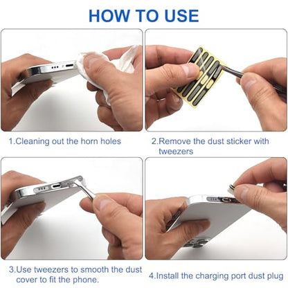 12 Pcs Cellphone Anti Dust Kit, 5 Phone Metal Speaker Dustproof Mesh Compatible for iPhone 16 15 14 Pro/Pro Max, Anti-Dust Mesh Covers with 1 USB C Dust Plugs & 1 Tweezers & 5 Cleaner Sticks - size: 12 Pcs