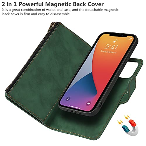 iCoverCase Compatible with iPhone 13 Wallet Phone Case with Card Holder, PU Leather Zipper Pocket Magnetic Detachable Flip Case with Wrist Strap (Green) - color: Detachable--Green