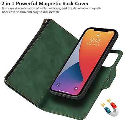 iCoverCase Compatible with iPhone 13 Wallet Phone Case with Card Holder, PU Leather Zipper Pocket Magnetic Detachable Flip Case with Wrist Strap (Green) - color: Detachable--Green