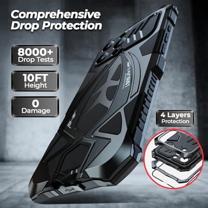 Armor Phone Case for iPhone 16 Pro Max Military Grade Cover 360 Full Protection Heavy Duty Hybrid Metal Bumper Built-in Silicone Shockproof with Screen Protector - Black | Armor Heavy Duty, Full Body Cover, Aluminium Bumper, Built-in Silicone Shockproof D
