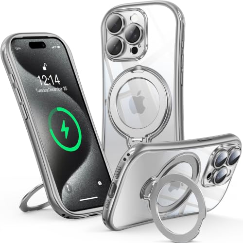 Reukdnv 360° Spin Magnetic Stand for iPhone 15 Pro Max Case [Full Camera Protection] [Fit for MagSafe] [Anti-Yellowing] Shockproof Protective Kickstand Plating TPU Cover for 15 Pro Max 6.7", Silver - color: Silver, size: iPhone 15 Pro Max