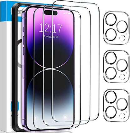 Fotbor for [3+3 Pack] iPhone 14 Pro Screen Protector with Camera Lens Protector, 9H Shatterproof Tempered Glass Film with Easy Installation Frame, HD Clear Sensitive Full Coverage 6.1 Inch - size: iPhone 14 Pro-6.1 inch