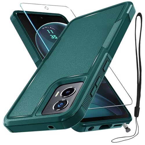 Case Compatible with Moto G Stylus 5G 2024, Full Body Heavy Duty Rugged Shockproof Protective Phone Cover with Lanyard Strap, Tempered Glass Screen Protector, Dark Green | with Tempered Glass Screen Protector+Lanyard Strap,Rugged Shockproof Protective Pho