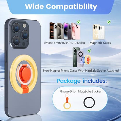 Magnetic Phone Ring Holder with Metal Ring Sticker, Long Grip as Hook, Cell Phone Grip for Hand Removable Finger Holder Compatible for MagSafe Sticker iPhone 17/16/15/14/13/12 Series,Yellow - color: Yellow with Red Center