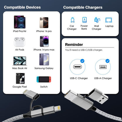 4-in-1 Long iPhone USB C Cable 60W 20FT USB C Lightning Cable [Fast Charging&Data Transfer] Nylon Braided Apple Charger Cable for iPhone iPad Mac Multi Charge Wire Combo with L/Type C/USB A Port Grey