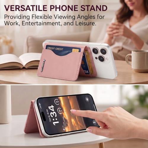 MagSafe Wallet Stand with ID Window, 7 Card Holder with RFID Blocking for MagSafe Phone and Case, Slim Leather Magnetic Wallet for iPhone 17e/17/16/15/14/13/12 Series(Pink) - color: Pink