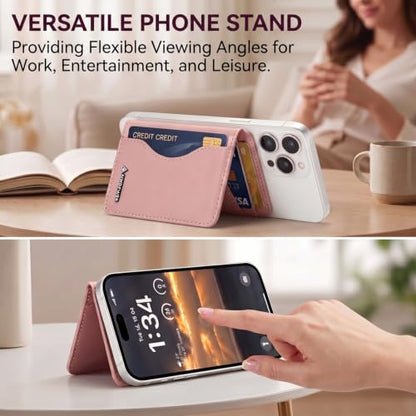 MagSafe Wallet Stand with ID Window, 7 Card Holder with RFID Blocking for MagSafe Phone and Case, Slim Leather Magnetic Wallet for iPhone 17e/17/16/15/14/13/12 Series(Pink) - color: Pink