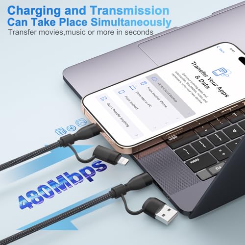MALPHITE 4 in 1 Charging Cable 3.3FT 60W Max 1 Pack MFi Certified Fast Charging & Data Sync USB A/C to Type C/Lightning Ports Compatible with iPad/iPhone Series/MacBook/Samsung etc