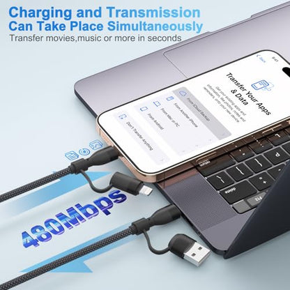 MALPHITE 4 in 1 Charging Cable 3.3FT 60W Max 2 Packs MFi Certified Fast Charging & Data Sync USB A/C to Type C/Lightning Ports Compatible with iPad/iPhone Series/MacBook/Samsung etc