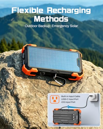 GOODaaa Solar Power Bank 24000mAh, Portable Charger with 4 Built-in Cables - color: Orange