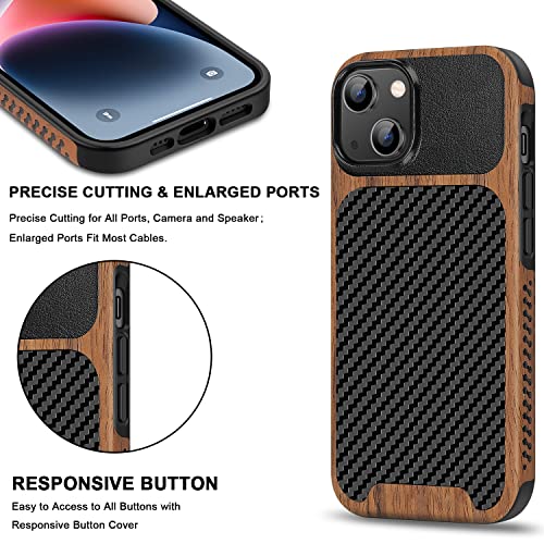 TENDLIN Magnetic Case Compatible with iPhone 14 Plus Case Wood Grain with Carbon Fiber Texture Design Leather Hybrid Slim Cover (Compatible with MagSafe) Black - color: Magnetic Black, size: iPhone 14 Plus