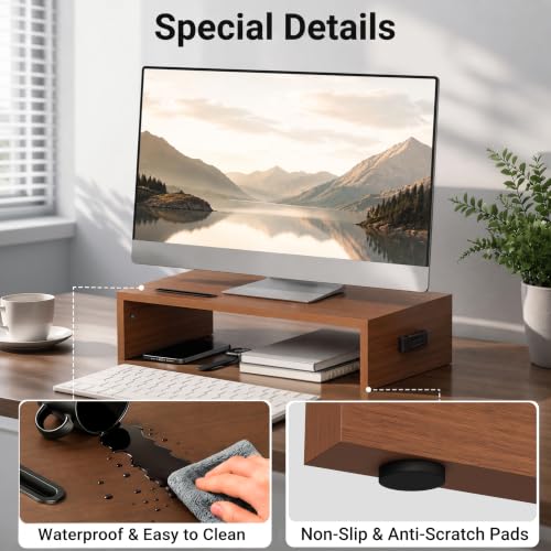 BONTEC Monitor Stand Riser with Cellphone Holder & Cable Management - color: Walnut, size: 16.7 Inch