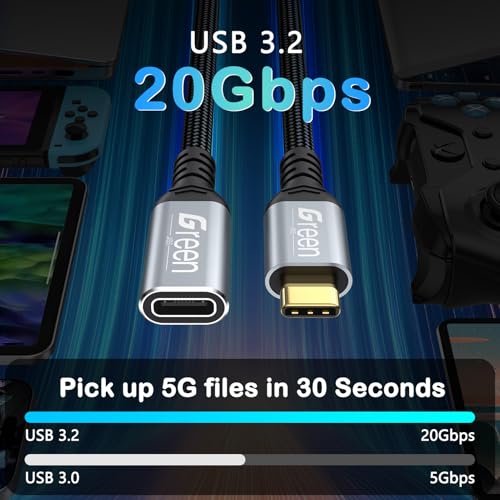 Green Jiss® USB C Extension Cable 6.6ft, 20Gbps/4K@60Hz Video, Heavy Duty USB3.2 Gen2 Extender Male to Female Full Function Ultra-High Speed Transfer USB Type C Extender 240W Fast Charging Cable - size: 6.6 FT