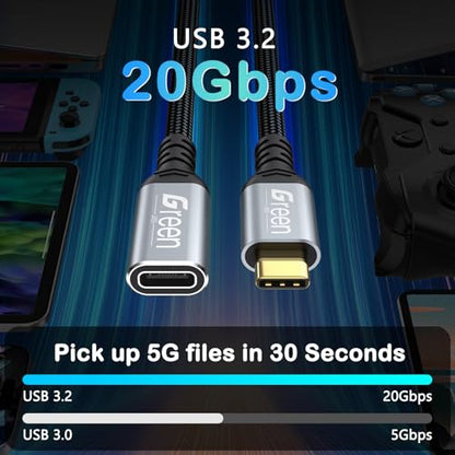 Green Jiss® USB C Extension Cable 6.6ft, 20Gbps/4K@60Hz Video, Heavy Duty USB3.2 Gen2 Extender Male to Female Full Function Ultra-High Speed Transfer USB Type C Extender 240W Fast Charging Cable - size: 6.6 FT