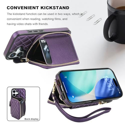 Bocasal Crossbody Wallet Case Card Holder for iPhone 17, Dark Purple | RFID Blocking PU Leather Zipper Handbag Purse, Kickstand Flip Folio Case with Card Slots Holder Wrist Strap Lanyard 6.3 Inch - color: Dark Purple
