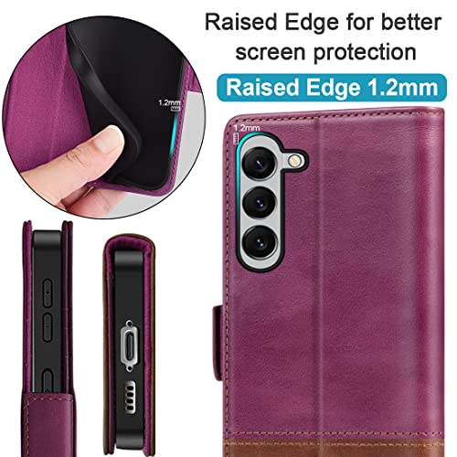 KEZiHOME Case for Galaxy S23 5G, Genuine Leather [RFID Blocking] Wallet Case Magnetic Folio Flip with Card Slots Kickstand Phone Cover Compatible with Galaxy S23 (2023) (Purple/Brown)