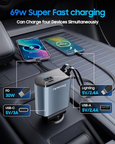 Retractable Car Charger 4 in 1 USB C Phone Fast Charging Car Charger
