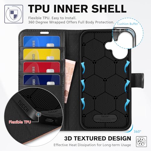 TUCCH Wallet Case for iPhone 16 (6.1") 2024, Flip Stand, Black & Brown | RFID Blocking, 4 Card Holders, Kickstand, PU Leather, Shockproof TPU Shell, Magnetic Closure, Protective Folio Cover - color: Two-tone Black & Brown