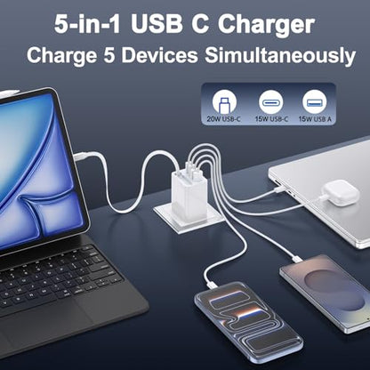 40W Retractable USB-C Wall Charger, 5-in-1 Retractable Phone Charger