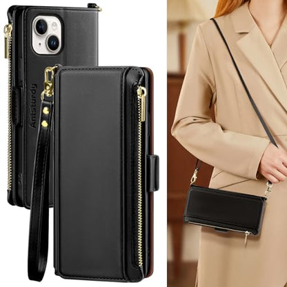 Antsturdy Crossbody Phone Wallet Case for iPhone 14 Plus,Black | RFID Blocking,PU Leather Flip Cover,Kickstand,with Credit Card Holder,Wrist Strap Lanyard & Handbag Purse,for Women & Men - color: (Crossbody) - Black