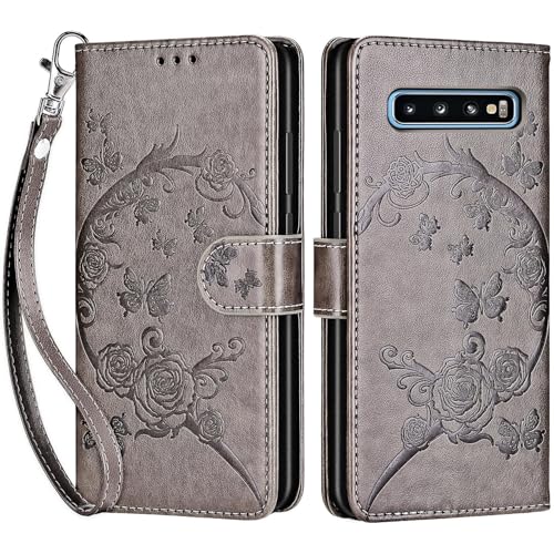 for Samsung Galaxy S10 Wallet case, Gray Flower | 3 Card Holders, Kickstand, Shockproof TPU Shell, PU Leather, Magnetic Closure, Protective Flip Folio Cover, Women - color: 9