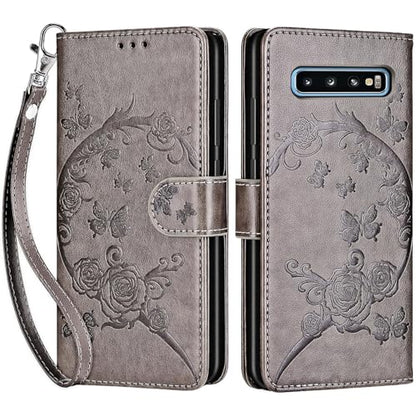 for Samsung Galaxy S10 Wallet case, Gray Flower | 3 Card Holders, Kickstand, Shockproof TPU Shell, PU Leather, Magnetic Closure, Protective Flip Folio Cover, Women - color: 9