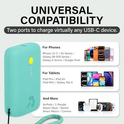 Nimble Champ Portable Charger, 10000mAh Power Bank, 20W Dual USB-C Charging - color: Teal