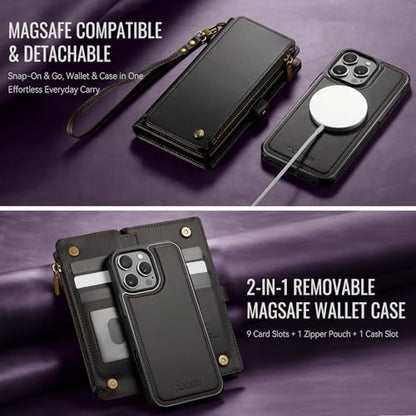 Defencase for iPhone 16 Pro Max Case Wallet Compatible with Magsafe, Black | Drop-Proof Magnetic Detachable Phone Cases Cover, with RFID Bolcking Card Holder, Zipper Strap, PU Leather, Removable Wallet - color: (Detachable with Magsafe)-Black