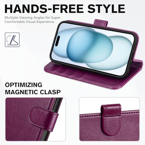 TUCCH Wallet Case for iPhone 15 (6.1") 2023, 4 Card Slots, Plum Purple | RFID Blocking, Viewing Stand, Shockproof TPU Shell, PU Leather, Magnetic Closure, Protective Folio Flip Cover - color: Plum Purple
