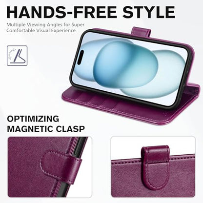 TUCCH Wallet Case for iPhone 15 (6.1") 2023, 4 Card Slots, Plum Purple | RFID Blocking, Viewing Stand, Shockproof TPU Shell, PU Leather, Magnetic Closure, Protective Folio Flip Cover - color: Plum Purple