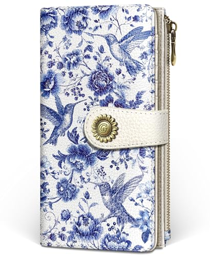 GIANCOMICS Hummingbirds Womens Wallet RFID Flower Credit Card Holder Bifold | Billfold, Cute Cash Purse, Travel Zipper Coin Pocket, Compact Clutch, PU Leather, ID Window, 11 Card Slots, Ladies Gift Woman - color: Birds
