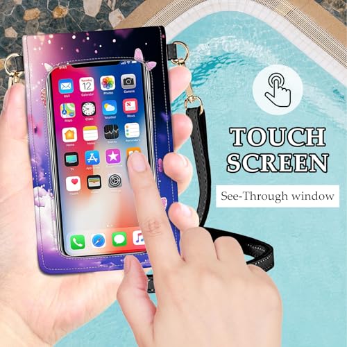 Small Crossbody Bags for Women Touchscreen Cell Phone Bag Cross Body Purses with adjustable Strap,Gifts For Teenage Girls - color: Purple Butterflies Blue Sky