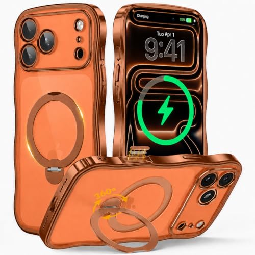 GolbinBox iPhone 17 Pro MagSafe Ring Stand Wave Case, Orange/Clear | Premium electroplated wave frame, stable MagSafe charging, reinforced corners, and raised camera and screen edges. - color: Orange/Clear, size: For iPhone 17 Pro 6.3 Inch