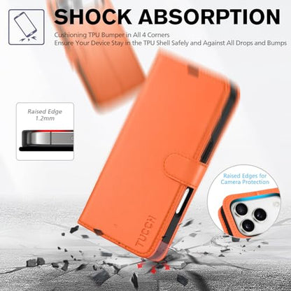 TUCCH Wallet Case for iPhone 17 Pro (6.3") 2025, 4 Card Slots, Orange | RFID Blocking, Viewing Stand, Shockproof TPU Shell, PU Leather, Magnetic Closure, Protective Folio Flip Cover - color: Orange