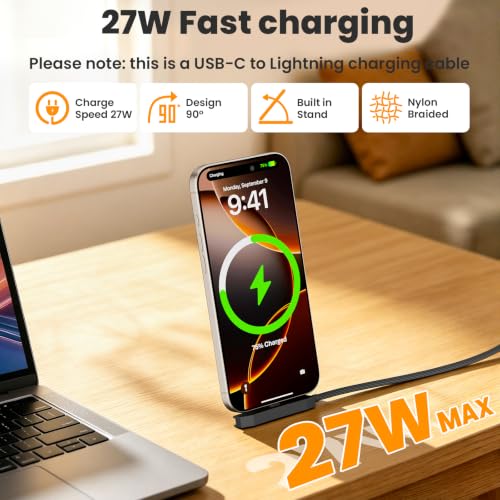 USB C to Lightning Charging Cable with Stand - 90 Degree 2 in 1 Invisible Holder Charger Cable for iPhone 14/13/12/11 Pro Max XS XR iPad, 27W PD Fast Charging Sideways Flat iPhone Cord Cable 6FT