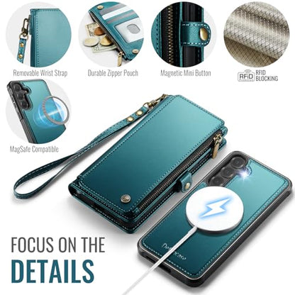 Defencase for Galaxy S25 Plus Case Wallet Compatible with Magsafe, Green | Magnetic Detachable, RFID Bolcking Card Holder, Zipper Strap, PU Leather Drop-Proof Phone Cover for Samsung Galaxy S25+/Plus - color: (Detachable with Magsafe)-Blue Green