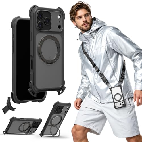 MAGEASY Odyssey Ultra MagSafe 360° Magnetic Stand iPhone 18 Pro Max & 17 Pro Max Crossbody Case with Strap, 25ft Shockproof, TPU Aluminum Frame, Interchangeable Lanyard Eyelets (Midnight w/Kickstand) - color: Midnight w/ Kickstand, size: iPhone 18 Pro Max