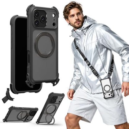 MAGEASY Odyssey Ultra MagSafe 360° Magnetic Stand iPhone 18 Pro Max & 17 Pro Max Crossbody Case with Strap, 25ft Shockproof, TPU Aluminum Frame, Interchangeable Lanyard Eyelets (Midnight w/Kickstand) - color: Midnight w/ Kickstand, size: iPhone 18 Pro Max