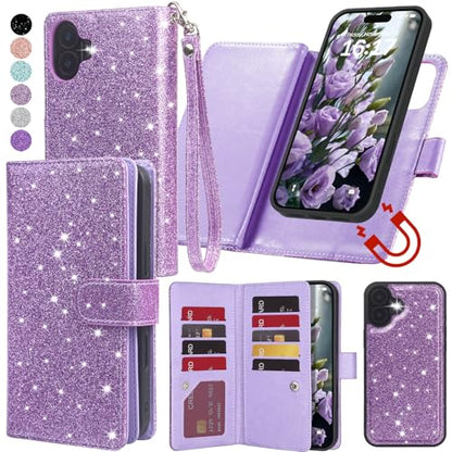 Varikke for iPhone 17 Glitter Case Wallet Magnetic Detachable, Light Purple - color: (Standard) Light Purple, size: iPhone 17 6.3"