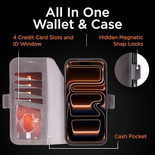 Bayelon Leather Folio Case for iPhone 17 Pro 6.3", Flip Cover Card Holder, Genuine Leather Case, Folio Wallet Case, MagSafe Compatible Shockproof Flip Cover, Rfid Blocking -Smoked Black - color: Smoked Black, size: iPhone 17 Pro