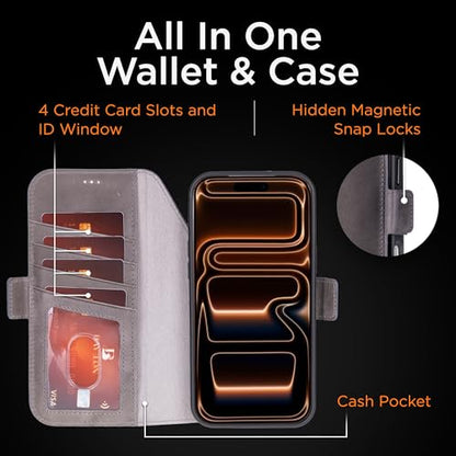 Bayelon Leather Folio Case for iPhone 17 Pro 6.3", Flip Cover Card Holder, Genuine Leather Case, Folio Wallet Case, MagSafe Compatible Shockproof Flip Cover, Rfid Blocking -Smoked Black - color: Smoked Black, size: iPhone 17 Pro