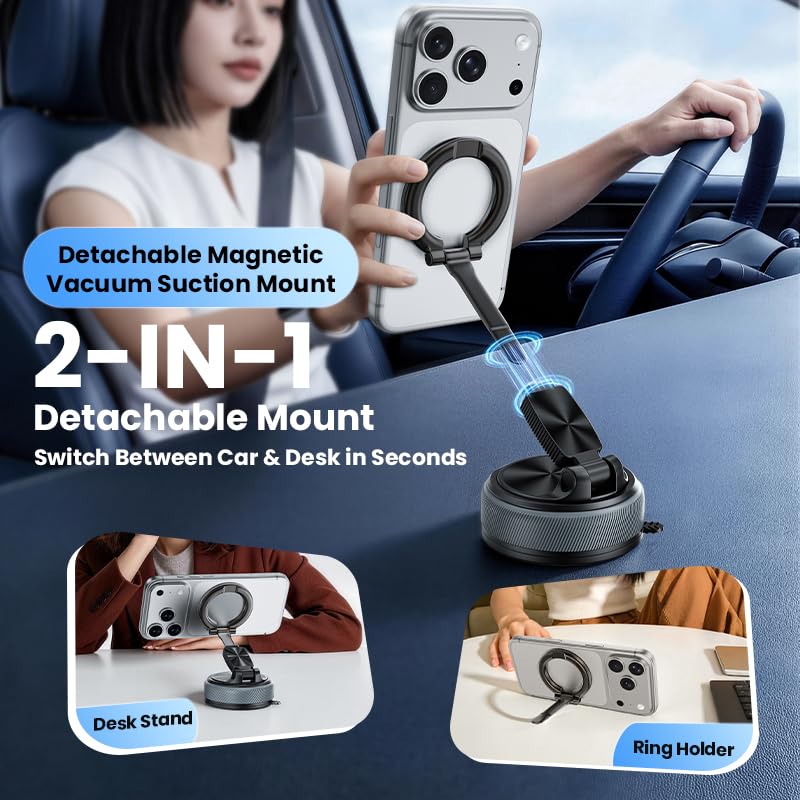 Magnetic Car Phone Mount 2-in-1 Detachable Ring Stand for Desk & Dashboard