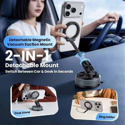 Magnetic Car Phone Mount 2-in-1 Detachable Ring Stand for Desk & Dashboard