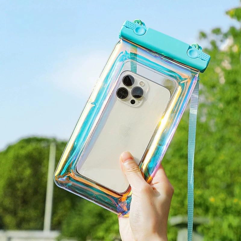 Blue Floating Waterproof Phone Pouch, Holographic Laser TPU Dry Bag with Air Padding, Touch Responsive Case for Swimming, Snorkeling - color: Blue