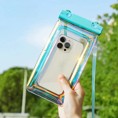Blue Floating Waterproof Phone Pouch, Holographic Laser TPU Dry Bag with Air Padding, Touch Responsive Case for Swimming, Snorkeling - color: Blue
