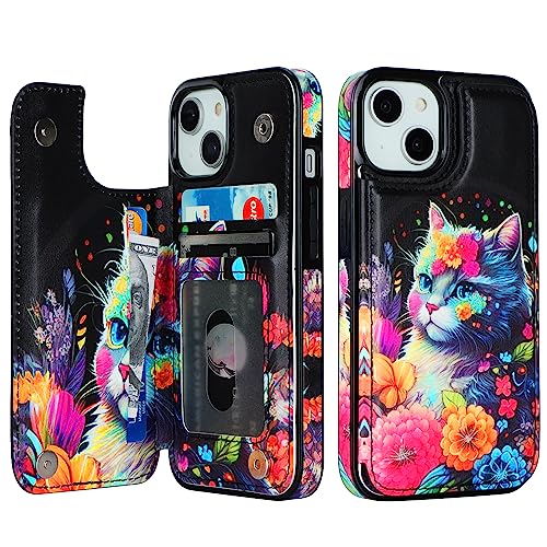 HAOPINSH for iPhone 14 Wallet Case with Card Holder, Flower Cat Pattern Back Flip Folio PU Leather Kickstand Card Slots Case for Women Girls, Double Magnetic Clasp Shockproof Cover 6.1" - color: Flower Cat